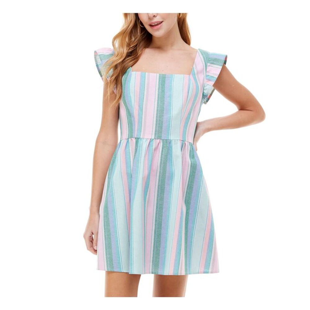 CRYSTAL DOLLS Womens Fit + Flare Short Dress Green Flutter Striped Juniors L - Picture 3 of 4